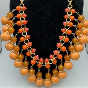 J. CREW Gold Tone Orange Pink Coral Blush Bead Rhinestone Dangle Bib Necklace 26